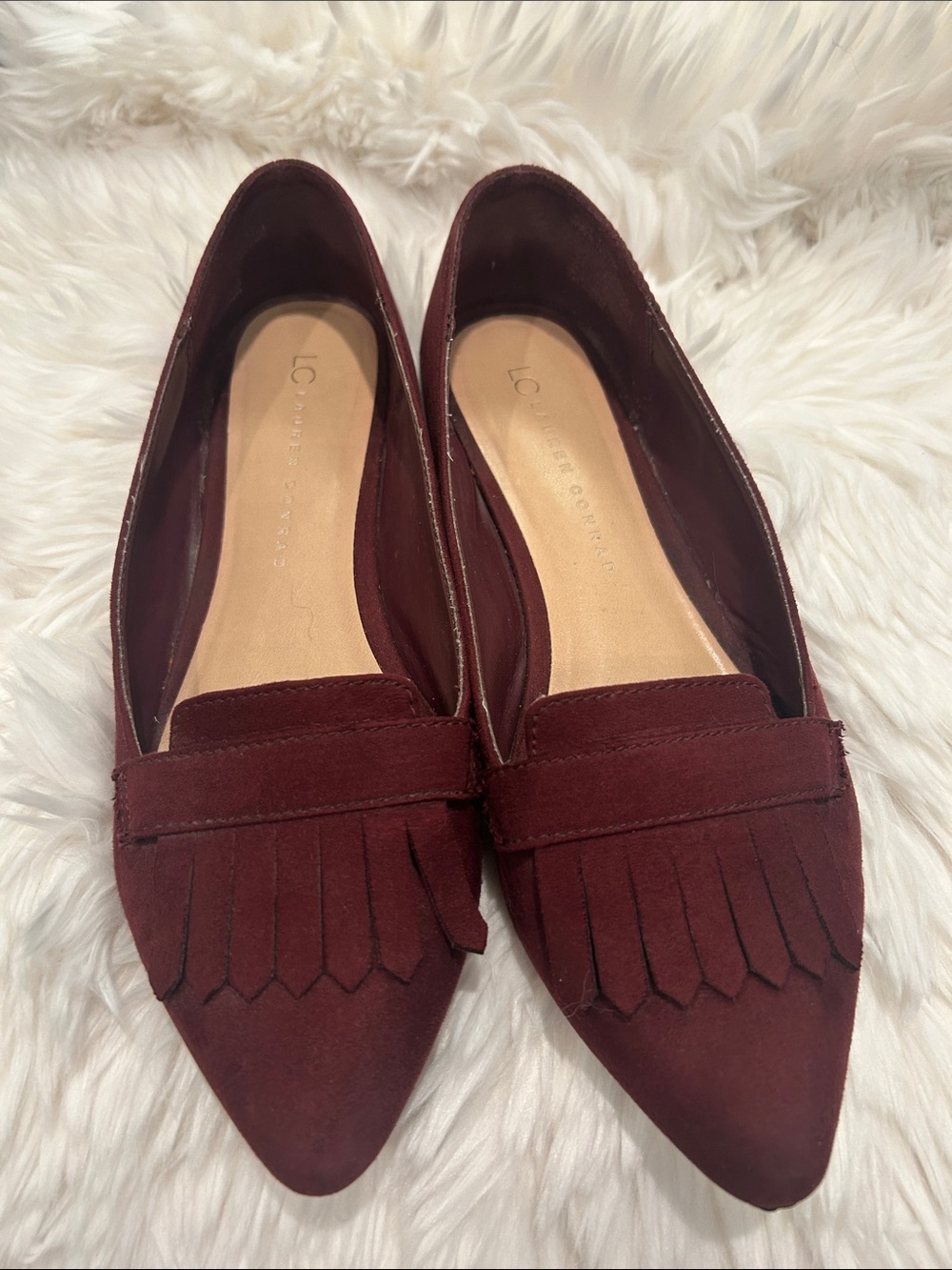 LC Lauren Conrad Wine Suede Pointed Fringe Flats